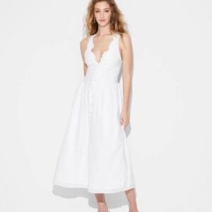 White Lace-Trim Button Front Midi Dress